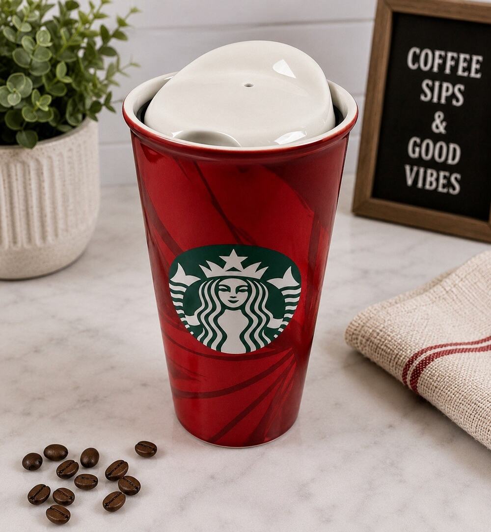 Starbucks 2014 Red Ceramic Travel Mug Tumbler w/ Lid 12 oz Holiday